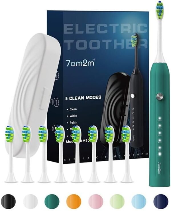 7AM2M Sonic Electrical Toothbrush for Adults and Children, with 8 Brush Heads and Journey Case,5 Modes with 2 Minutes Construct in Sensible Timer, One Cost Use for 90 Days,Rechargeable Toothbrushes(Peacock Inexperienced) - Image 2