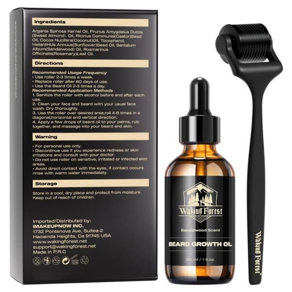 Waking Forest Derma Curler 0.25mm & Beard Oil(1oz), Sandalwood Beard Equipment, Microneedle Beard Curler with 540 Titanium, Pure Moisturize with Vitamin E Beard Oil for Males, Fathers Boyfriend Dad - Image 9